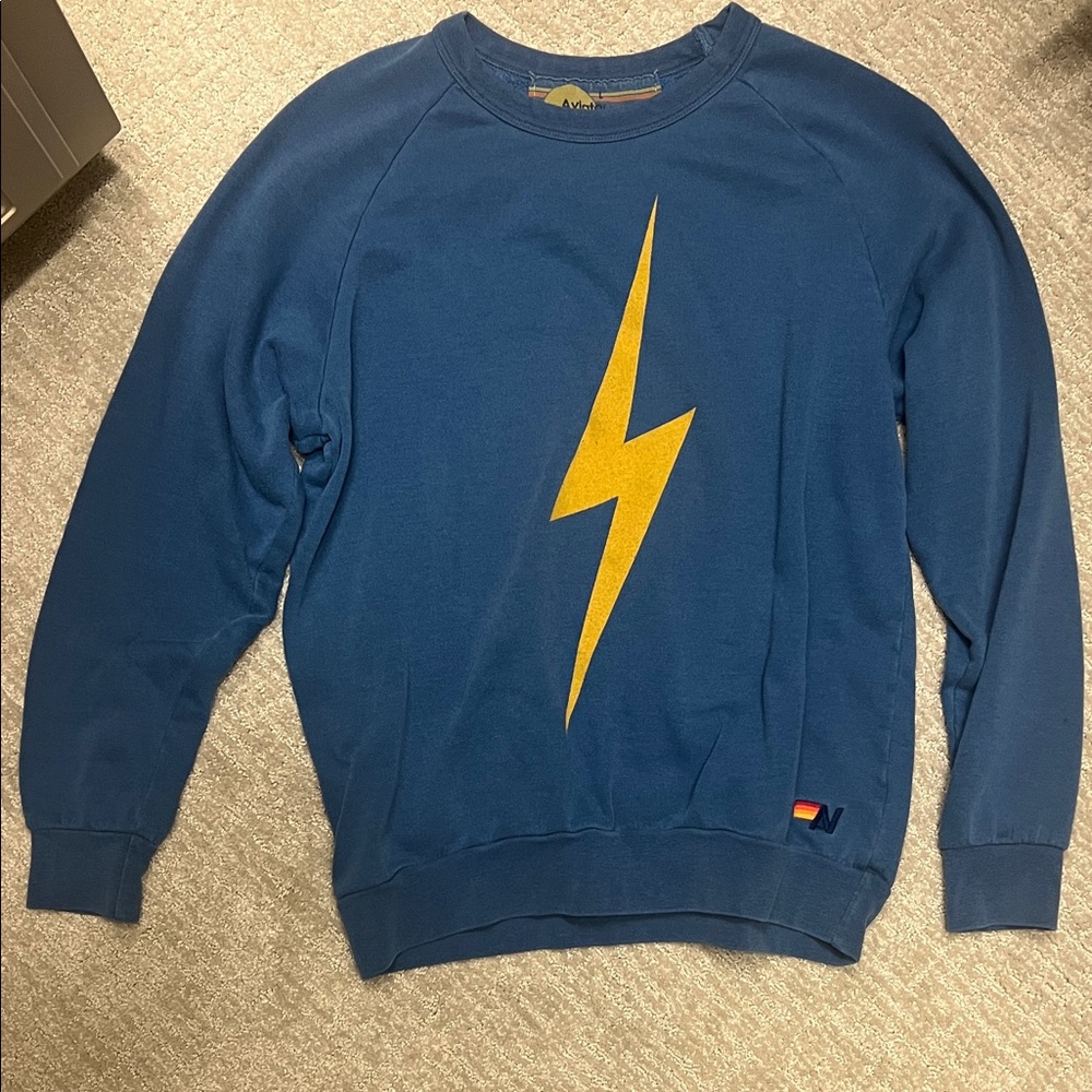 Aviator Nation Blue Sweater with Gold Lightning Bolt